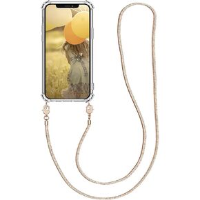 kwmobile Case Compatible with Apple iPhone 12 Pro Max - Crossbody Case Clear Transparent TPU Phone Cover with Metal Chain Strap - Gold/Transparent