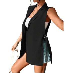 GORGLITTER Women's Sleeveless Long Blazer Vest Open Front Knot Side Office Longline Blazer Jackets Outerwear