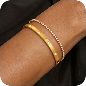 Gold Bracelets for Women, 14k Gold Plated/Silver Cuff Bangle Bracelets for Women Trendy Adjustable Gold/Silver Bangles Cubic Zirconia Tennis Bracelet Set Fashion Jewelry for Women