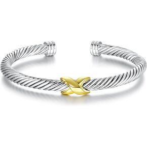 Twisted Cable Bracelet for Women Two Tone Cable Wire Bracelet Adjustable Crossover Knot Cuff Bangle Jewelry Gifts for Women