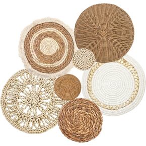 Set of 7 Boho Wall Baskets, Wall Hanging Rattan Decor, Flat Round Woven Water Hyacinth Corn Husk Farmhouse Handmade Macrame Hanging Woven Baskets for Living Room Bedroom Dining Room Office