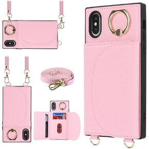 Jaorty Phone Case for iPhone XR with Strap,for iPhone XR Case Wallet with Card Holder for Women,Crossbody Lanyard Cases with Zipper Pocket Kickstand Ring Holder 6.1",Black