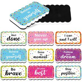 9Pcs Magnetic Dry Erasers Confetti Inspirational Whiteboard Erasers Colorful Small Dry Erase Erasers Printed Foam Black Felt for Home School Classroom, 4 x 2.2 Inch