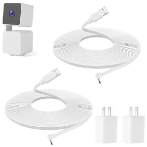 Uogw 2 Pack 16.4FT Power Adapter and Extension Cable Compatible with WYZE Cam Pan V3, USB to 90 Degree Micro USB Cable,L-Shaped Flat Power Charging Cord,5V/2A Outdoor Power Adapter (White)