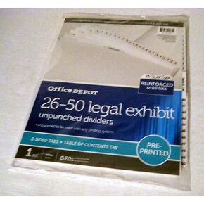 Office Depot Brand Legal Index Exhibit Unpunched Dividers With Laminated Tabs, Black/White, Numbered 26-50