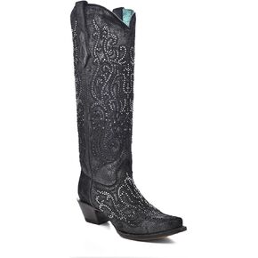 CORRAL LADIE'S BLACK OVERLAY & CRYSTALS TALL TOP, LEATHER SOLE, COWHIDE LEATHER, WESTERN BOOTS, C4097