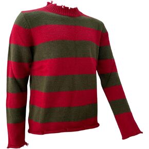 Men's Halloween Cosplay Knitted Scary Killer Sweater Christmas Green and Red Striped Jumper Fancy Costume