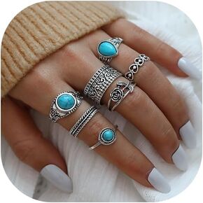 Bohemian Turquoise Ring for Women Western Rings Jewelry Stackable Knuckle Ring Set Vintage Rose Leaf Ring Set for Women