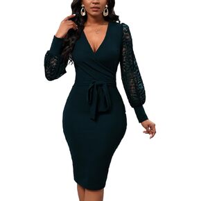 Semi Formal Church Dresses for Women Long Lace Sleeve Sexy V Neck Bodycon Cocktail Midi Dresses