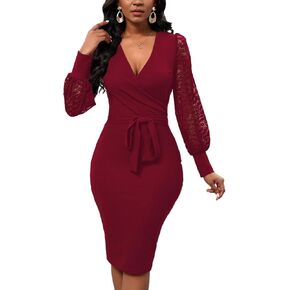 Semi Formal Church Dresses for Women Long Lace Sleeve Sexy V Neck Bodycon Cocktail Midi Dresses