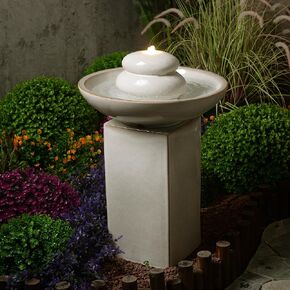 Ivory Ceramic Fountain with Submersible Pump and Warm White LED Lights