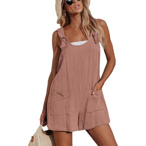 CUPSHE Women's Pinafore Romper Scoop Neck Sleeveless Overall Straight Leg Outfit with Front Patch Pockets Casual Pink,L