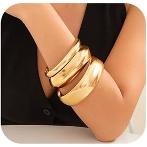 Denifery 3PCS Chunky Gold Bangle Bracelets Trendy Wide Chunky Cuff Bracelets Hammered Wrist Cuff Wrap Bracelet for Women