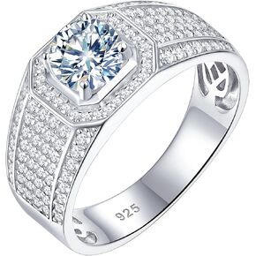 Mens Moissanite Wedding Band Engagement Ring Solitaire Diamond 925 Sterling Silver Ring 1.5cttw D Color VVS1 Clarity Brilliant Round Cut Size 7-14