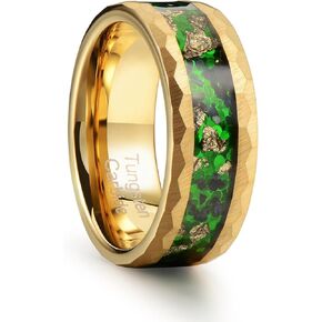 8mm Men's Tungsten Carbide Ring Gold/Black Hammered Meteorite Shavings Gold Foil Inlay Galaxy Nebula Green Opal Engagement Wedding Ring Matte Finish Comfortable Fit