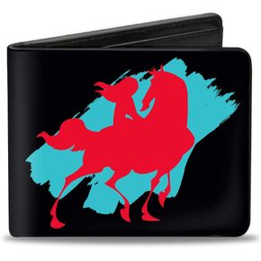 Buckle-Down Men's Disney Wallet, Bifold, Mulan Sitting on Horse Pose Logo Black Turquoise Red, Vegan Leather, 4.0" x 3.5"