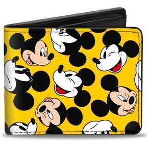 Buckle-Down Men's Disney Wallet, Bifold, Mickey Mouse Through The Years Expressions Scattered Yellow, Vegan Leather, 4.0" x 3.5"