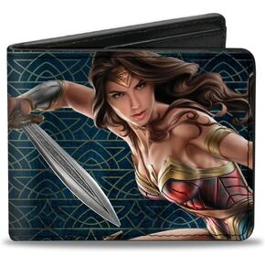 Buckle-Down unisex adults Buckle-down Pu Bifold - Wonder Woman 2017 Sword Action Pose + Icon Blue/Gold/Red Bi Fold Wallet, Multicolor, 4.0 X 3.5 US