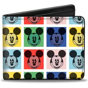 Buckle-Down Men's Disney Wallet, Bifold, Mickey Mouse Smiling Blocks White Multi Color, Vegan Leather, 4.0" x 3.5"