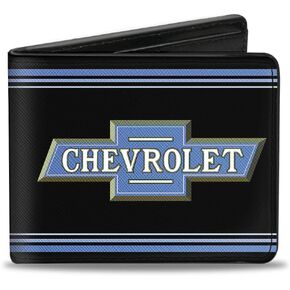 Buckle-Down Men's PU Bifold Wallet-1916 Chevrolet Bowtie Logo/Stripes Black/Blue, Multicolor, 4.0" x 3.5"