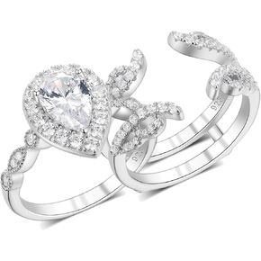 Wedding Rings Set for Women 925 Sterling Silver Pear Cut AAAAA CZ Ring Enhancer and Wraps Bridal Ring Set 925 Sterling Silver Size 5-10