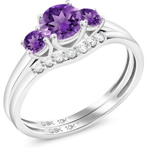 Gem Stone King 10K White Gold Purple Amethyst and White Lab Grown Diamond Engagement Ring | 3-Stone Bridal Wedding Ring Set For Women | 0.72 Cttw | Available in Size 5,6,7,8,9