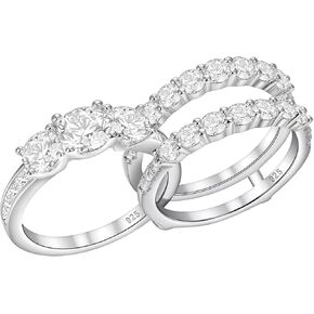 Wuziwen Vintage Three Stone Engagement Rings for Women Sterling Silver Wedding Bridal Sets Round Cut Band Ring Enhancer Cubic Zirconia