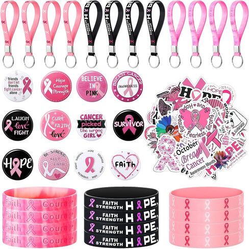 Hungdao 86 Pcs Breast Cancer Awareness Gifts Breast Cancer Silicone Bracelets Breast Cancer Stickers Breast Cancer Keychains Breast Cancer Awareness Buttons Badge for Women(Pink Ribbon) in Saudi Arabia