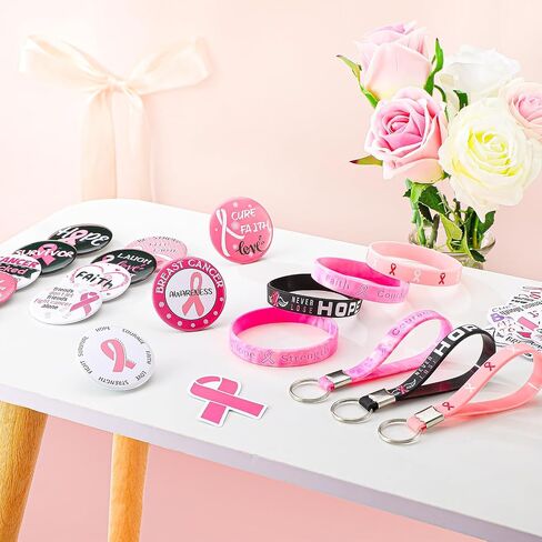 Hungdao 86 Pcs Breast Cancer Awareness Gifts Breast Cancer Silicone Bracelets Breast Cancer Stickers Breast Cancer Keychains Breast Cancer Awareness Buttons Badge for Women(Pink Ribbon) in Saudi Arabia