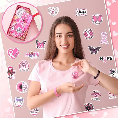 Hungdao 86 Pcs Breast Cancer Awareness Gifts Breast Cancer Silicone Bracelets Breast Cancer Stickers Breast Cancer Keychains Breast Cancer Awareness Buttons Badge for Women(Pink Ribbon) in Saudi Arabia