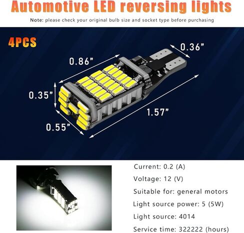 4 قطع مصابيح LED عكسية، شرائح سطوع فائقة 6500K 45SMD-4014 لمصباح إشارة الانعطاف، مصابيح احتياطية لإيقاف الفرامل T15 LED خالية من الأخطاء، ملحقات السيارة العالمية (أبيض) in Kuwait