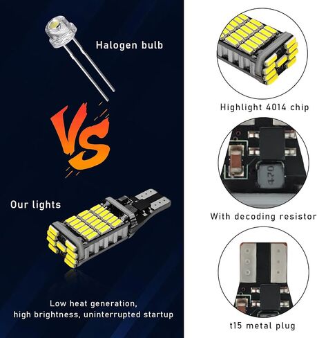 4 قطع مصابيح LED عكسية، شرائح سطوع فائقة 6500K 45SMD-4014 لمصباح إشارة الانعطاف، مصابيح احتياطية لإيقاف الفرامل T15 LED خالية من الأخطاء، ملحقات السيارة العالمية (أبيض) in Kuwait