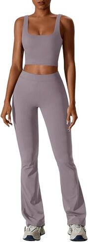 REORIA Women's Casual Outfits Stretchy Square Neck Workout Tank Top Flare Pants Leggings 2 Piece Workout Sets in Saudi Arabia