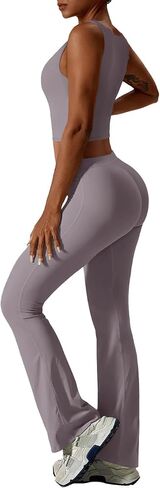 REORIA Women's Casual Outfits Stretchy Square Neck Workout Tank Top Flare Pants Leggings 2 Piece Workout Sets in Saudi Arabia