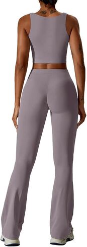 REORIA Women's Casual Outfits Stretchy Square Neck Workout Tank Top Flare Pants Leggings 2 Piece Workout Sets in Saudi Arabia