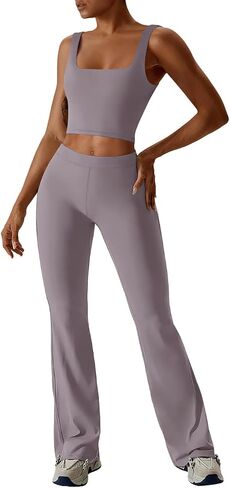 REORIA Women's Casual Outfits Stretchy Square Neck Workout Tank Top Flare Pants Leggings 2 Piece Workout Sets in Saudi Arabia