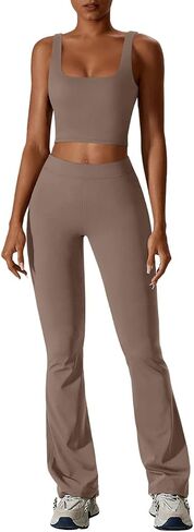 REORIA Women's Casual Outfits Stretchy Square Neck Workout Tank Top Flare Pants Leggings 2 Piece Workout Sets in Saudi Arabia