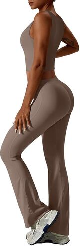 REORIA Women's Casual Outfits Stretchy Square Neck Workout Tank Top Flare Pants Leggings 2 Piece Workout Sets in Saudi Arabia