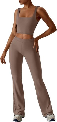 REORIA Women's Casual Outfits Stretchy Square Neck Workout Tank Top Flare Pants Leggings 2 Piece Workout Sets in Saudi Arabia