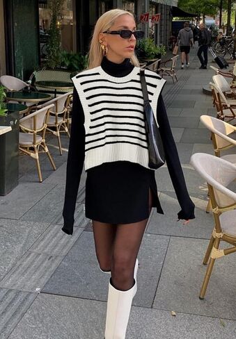 Lueluoye Sweater Vest for Women 2024 Crew Neck Cap Sleeve Tops Striped Knit Tank Top S-2XL in Saudi Arabia
