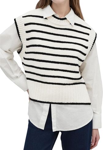 Lueluoye Sweater Vest for Women 2024 Crew Neck Cap Sleeve Tops Striped Knit Tank Top S-2XL in Saudi Arabia