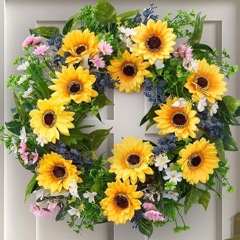 Sunflower Wreaths for Front Door 22", Spring Summer Door Wreath with Hook, Artificial Daisy White Pink Flower Blue Berries Door Wreaths for All Seasons Home Décor in Saudi Arabia