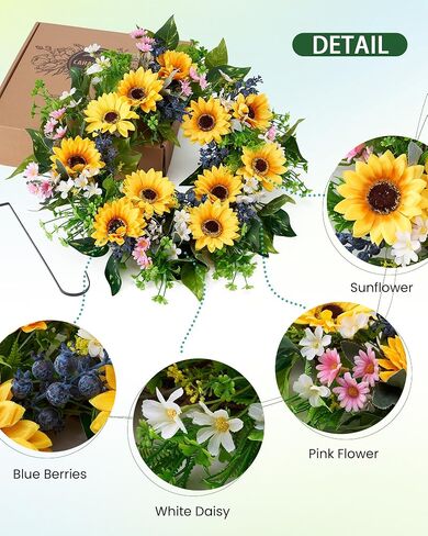 Sunflower Wreaths for Front Door 22", Spring Summer Door Wreath with Hook, Artificial Daisy White Pink Flower Blue Berries Door Wreaths for All Seasons Home Décor in Saudi Arabia