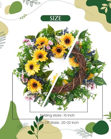 Sunflower Wreaths for Front Door 22", Spring Summer Door Wreath with Hook, Artificial Daisy White Pink Flower Blue Berries Door Wreaths for All Seasons Home Décor in Saudi Arabia