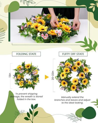 Sunflower Wreaths for Front Door 22", Spring Summer Door Wreath with Hook, Artificial Daisy White Pink Flower Blue Berries Door Wreaths for All Seasons Home Décor in Saudi Arabia