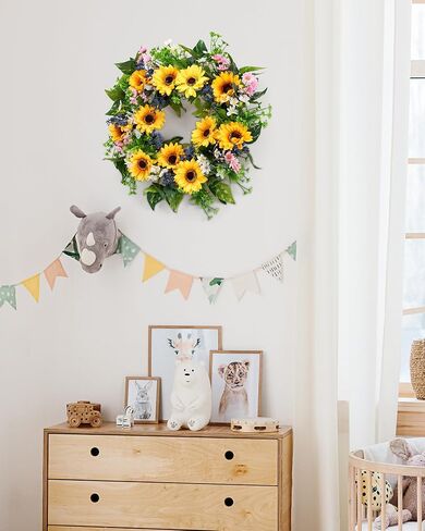 Sunflower Wreaths for Front Door 22", Spring Summer Door Wreath with Hook, Artificial Daisy White Pink Flower Blue Berries Door Wreaths for All Seasons Home Décor in Saudi Arabia