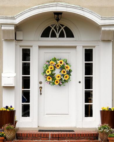 Sunflower Wreaths for Front Door 22", Spring Summer Door Wreath with Hook, Artificial Daisy White Pink Flower Blue Berries Door Wreaths for All Seasons Home Décor in Saudi Arabia