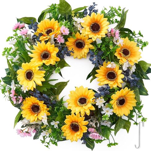 Sunflower Wreaths for Front Door 22", Spring Summer Door Wreath with Hook, Artificial Daisy White Pink Flower Blue Berries Door Wreaths for All Seasons Home Décor in Saudi Arabia