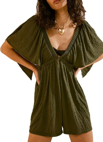 2024 Women Summer V Neck Backless Flutter Sleeve One Piece Outfits Rompers with Elastic High Waist Pockets in Saudi Arabia