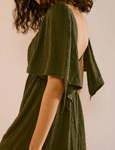 2024 Women Summer V Neck Backless Flutter Sleeve One Piece Outfits Rompers with Elastic High Waist Pockets in Saudi Arabia
